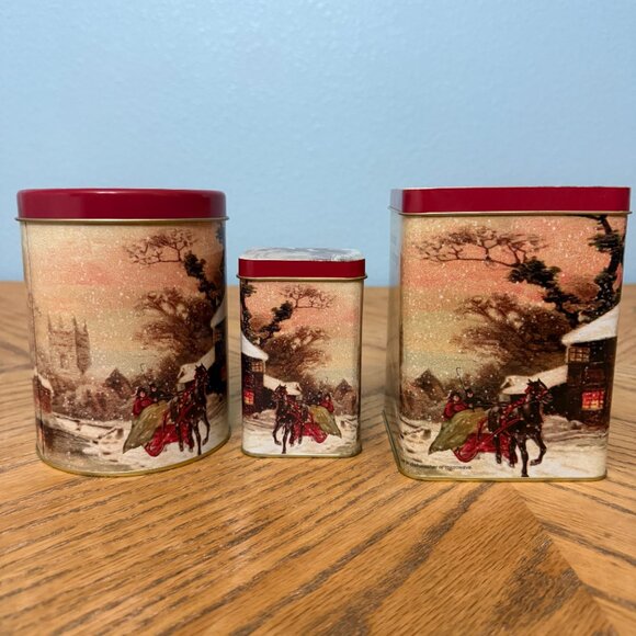 Set of 3 Vintage Metal Christmas Canisters Food Safe Holiday Storage Tins - Picture 4 of 13